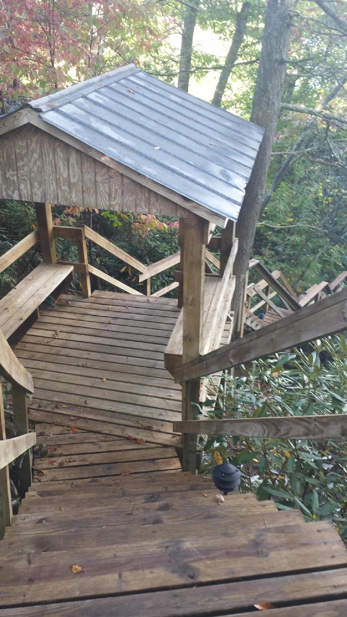 Metal roofed shelter over wooden steps on a wooded walkway — Skylight Repair & Installation work by our crew in Kings Mills